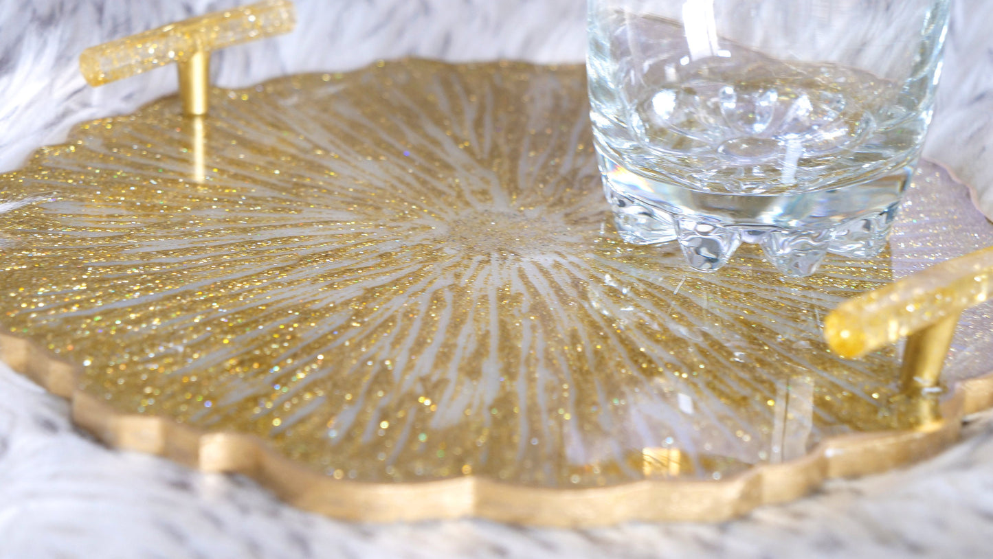 Golden Glitter Resin Serving Tray with Handles
