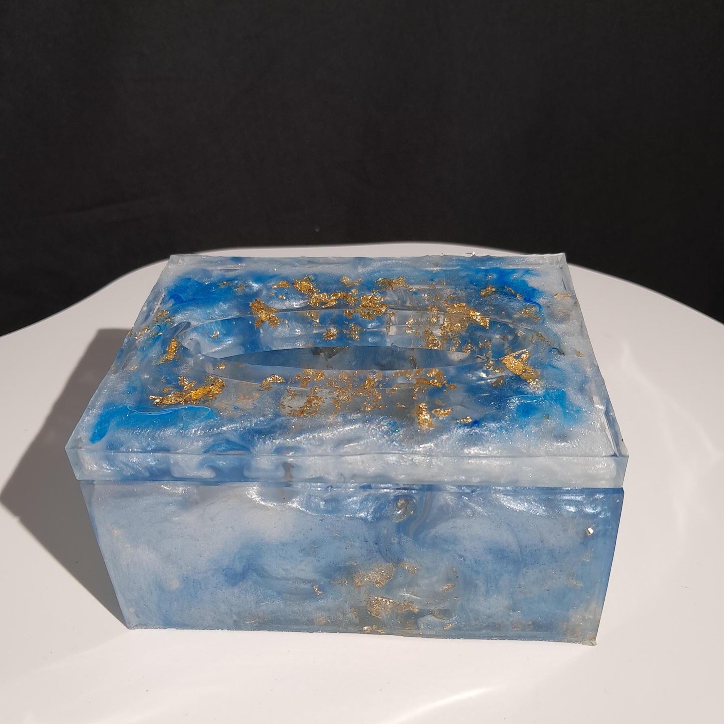 Housse de boîte à mouchoirs en résine bleue et feuille d'or