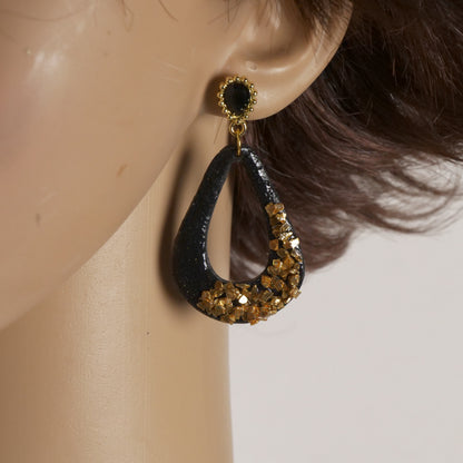 Boucles d'oreilles pendantes goutte évidée - Noir & Dorée