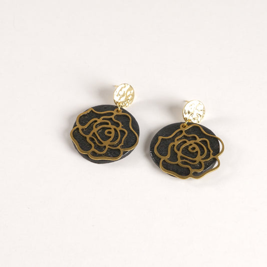Black & Gold Filigree Rose Statement Earrings