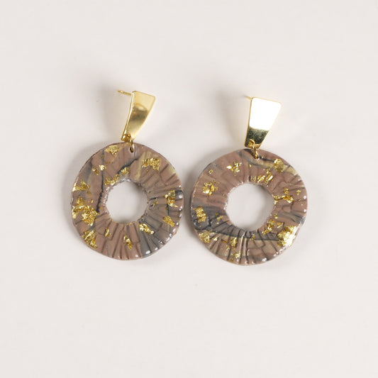 Marbled Taupe & Gold Leaf Circle Earrings