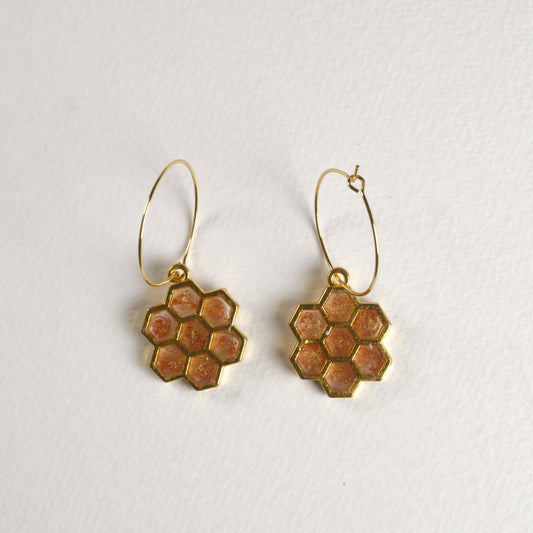 Golden Honeycomb Resin Hoop Earrings