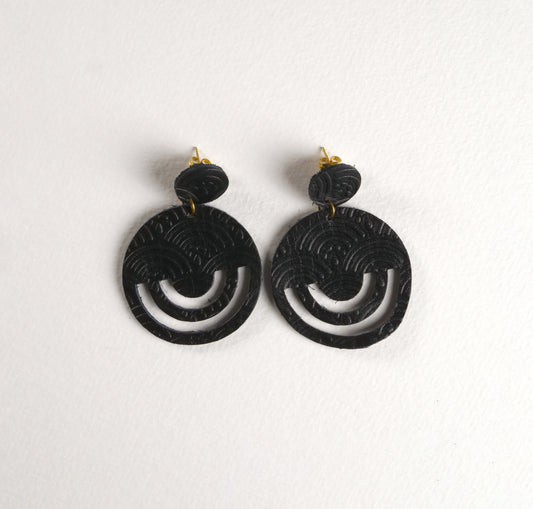 Black Leather Geo Cutout Drop Earrings