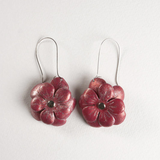Sculpted Shimmer Leather Flower Dangle Earrings