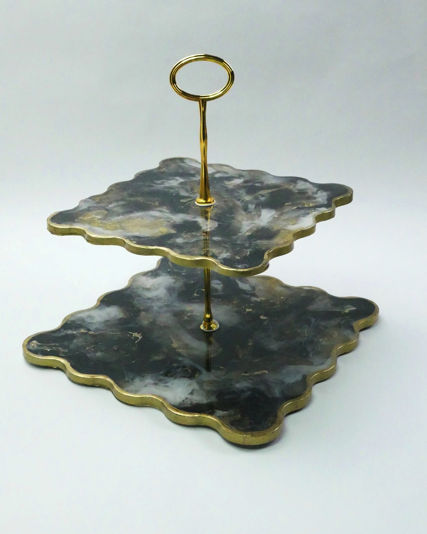 Présentoir à gâteaux en résine à 2 niveaux en marbre noir