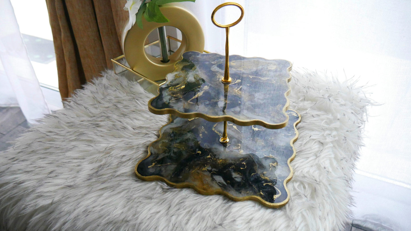 Présentoir à gâteaux en résine à 2 niveaux en marbre noir