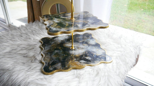 Présentoir à gâteaux en résine à 2 niveaux en marbre noir