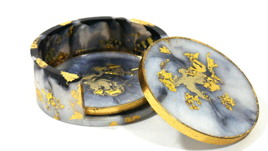 Gray Marble Resin Coaster Set (4) with Gold Leaf