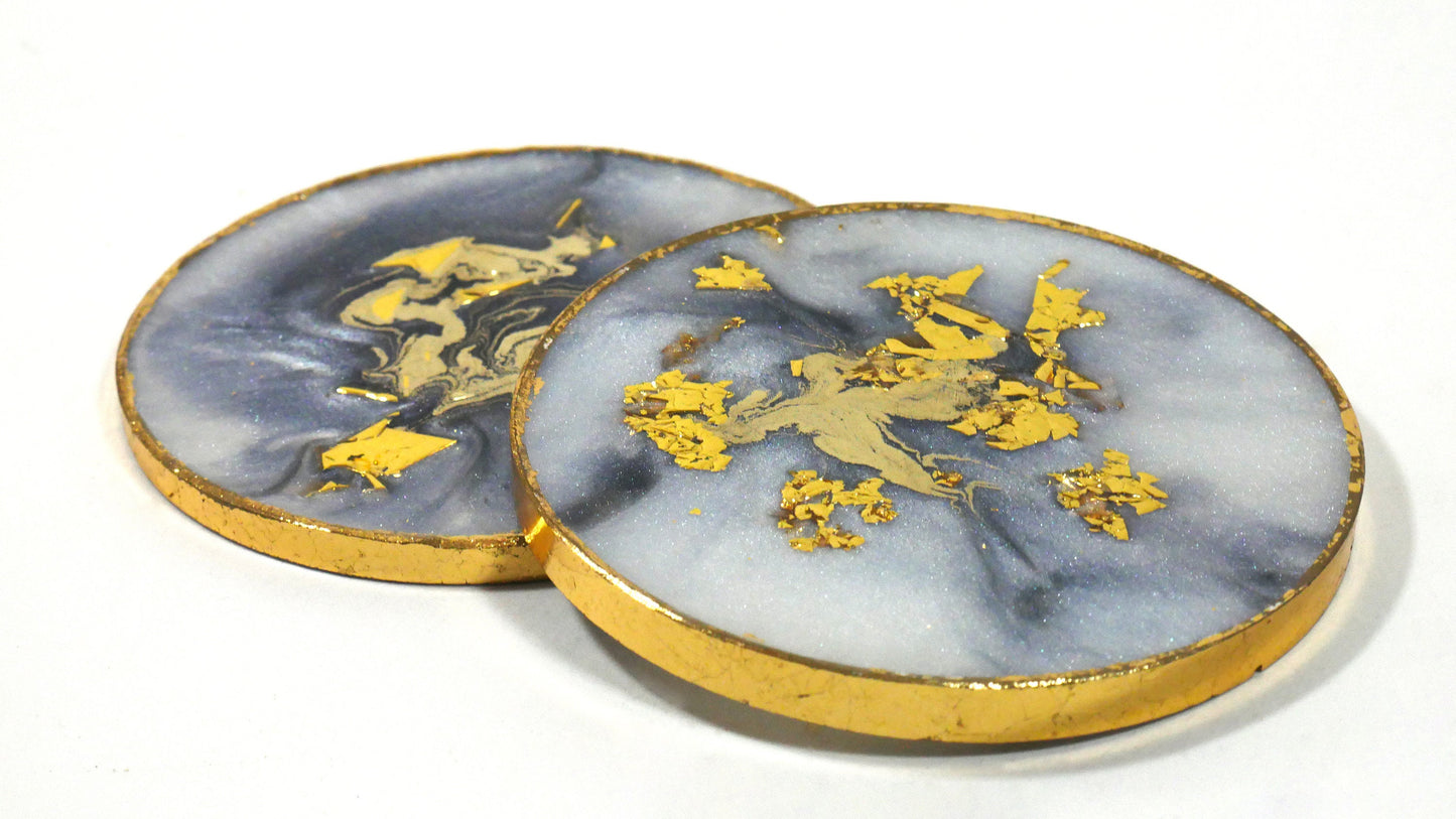 Lot de 4 sous-verres en résine et marbre gris avec feuille d'or