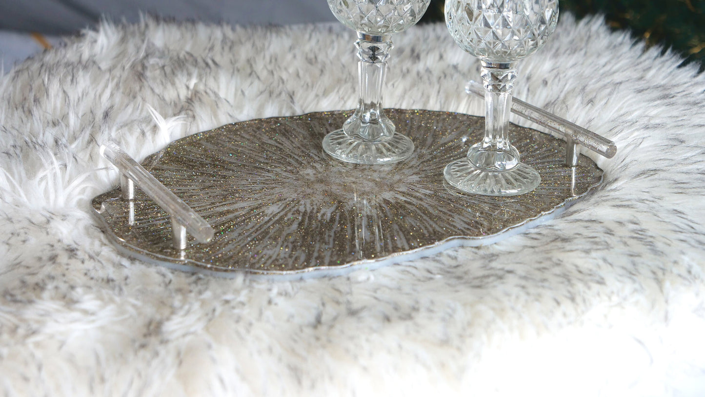 Silver Glitter Resin Serving Tray with Handles