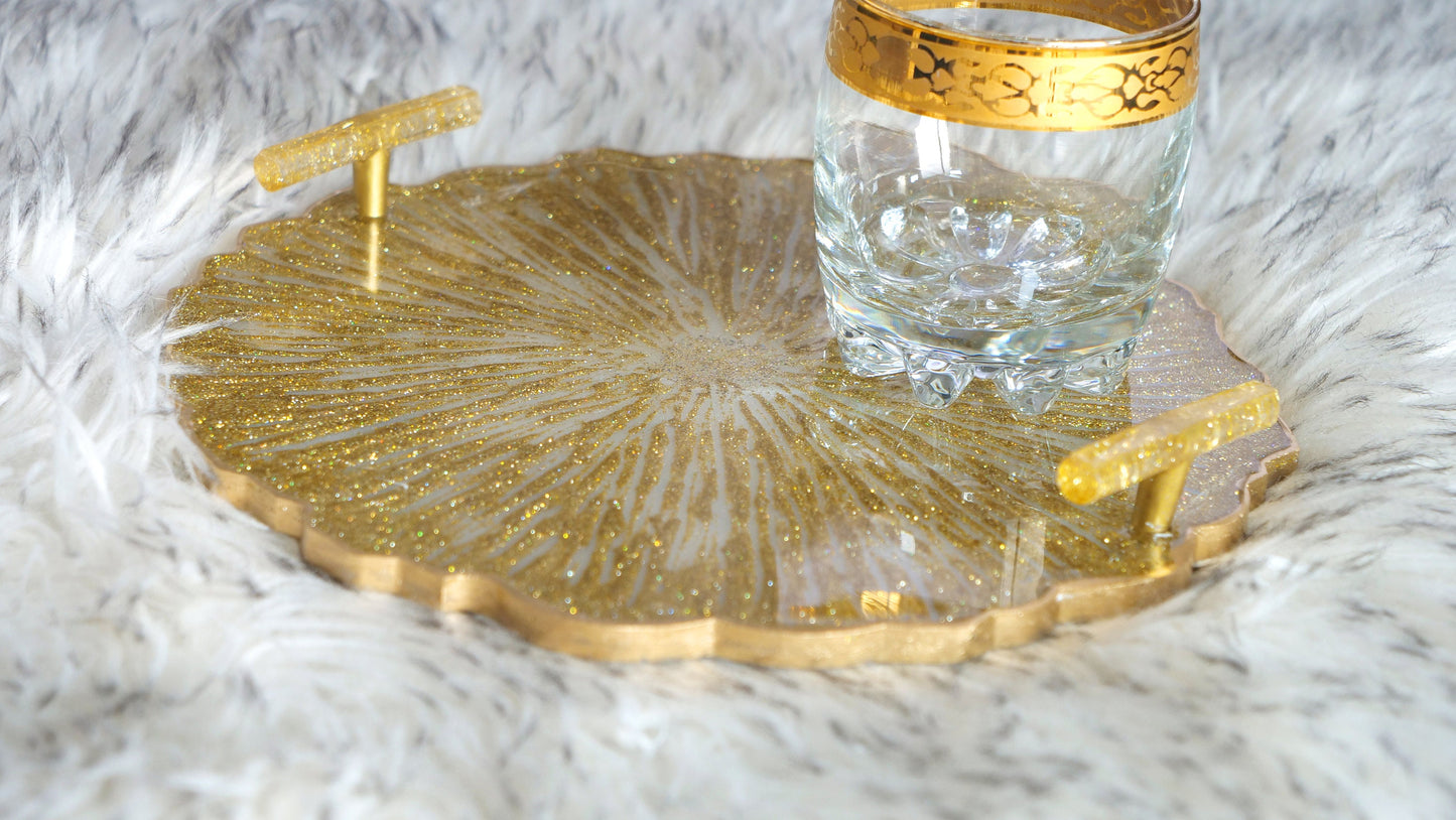 Golden Glitter Resin Serving Tray with Handles
