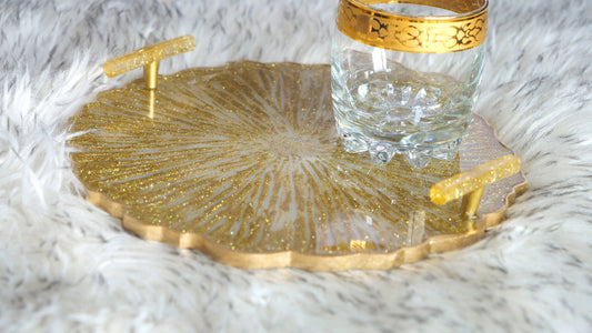 Golden Glitter Resin Serving Tray with Handles