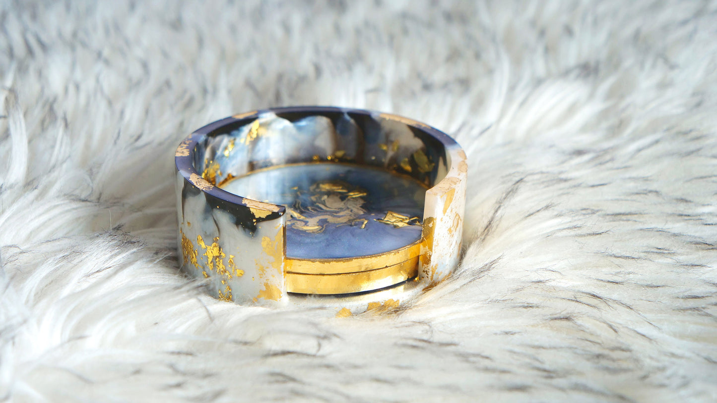 Lot de 4 sous-verres en résine et marbre gris avec feuille d'or