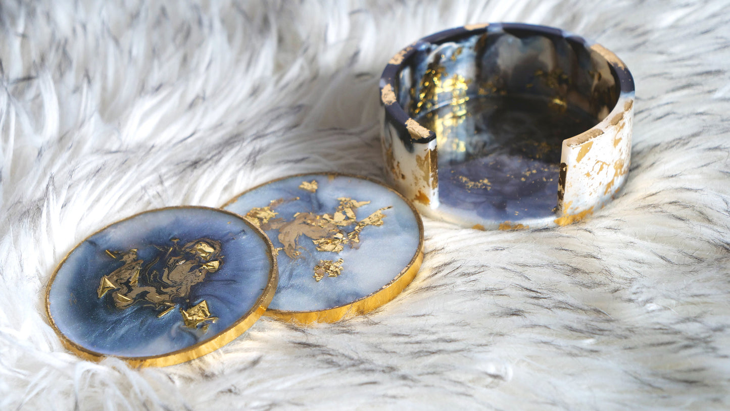 Lot de 4 sous-verres en résine et marbre gris avec feuille d'or