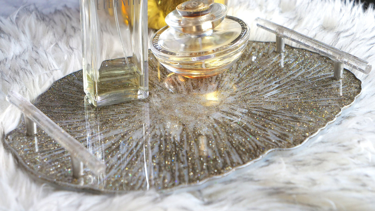 Silver Glitter Resin Serving Tray with Handles