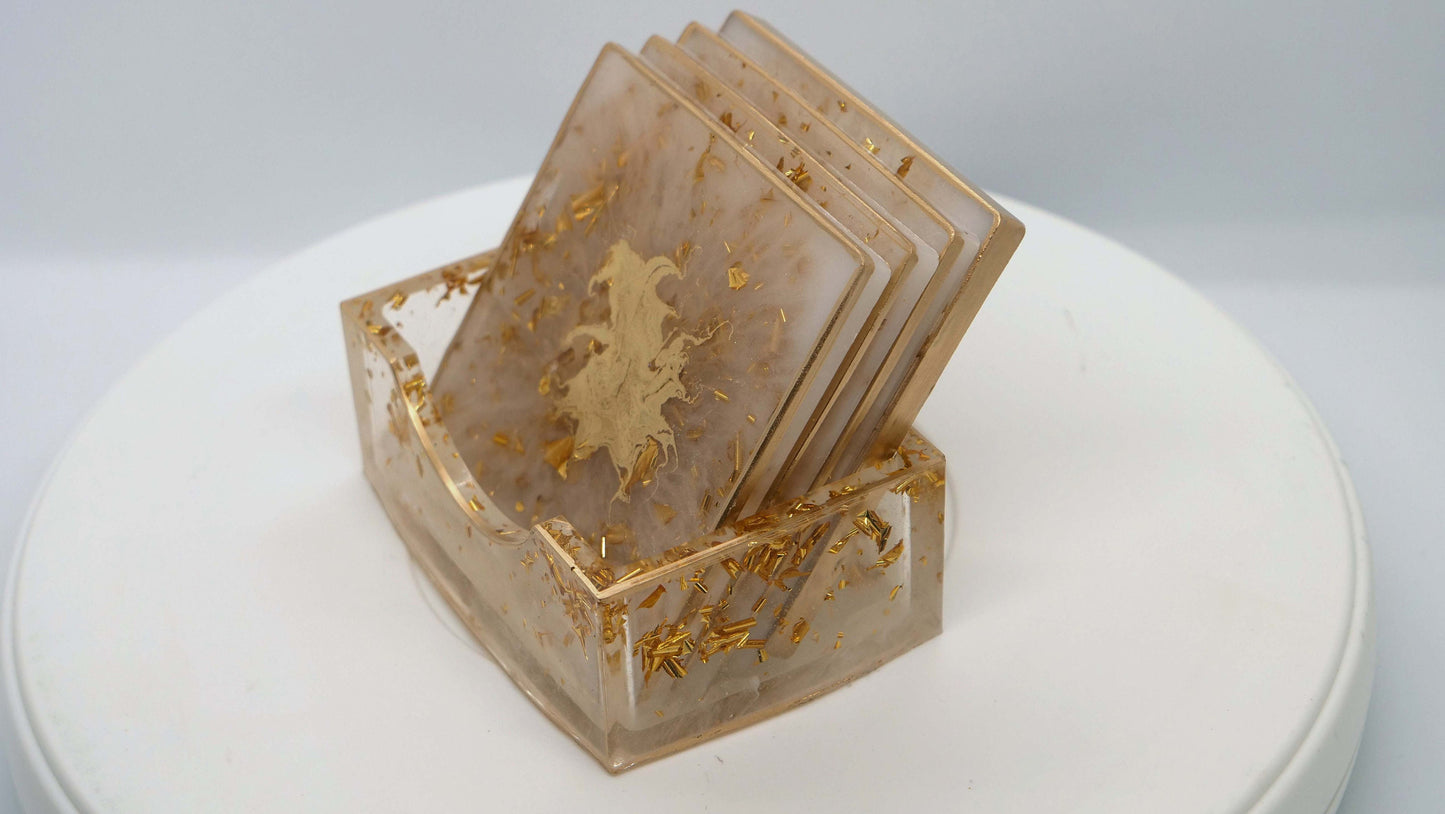 Transparent & Gold Leaf Square Coaster Set (4)
