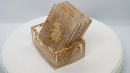 Transparent & Gold Leaf Square Coaster Set (4)