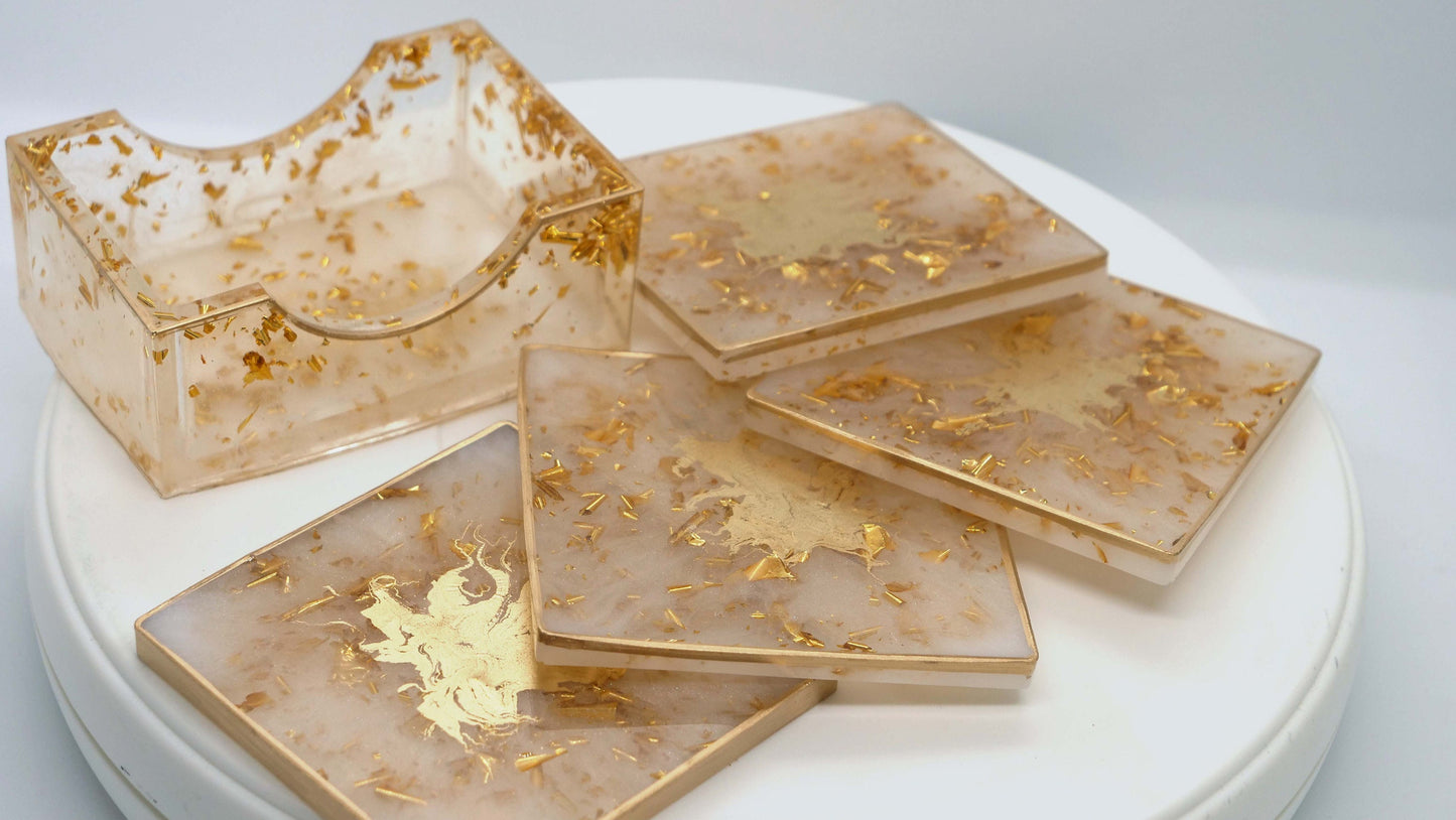 Transparent & Gold Leaf Square Coaster Set (4)