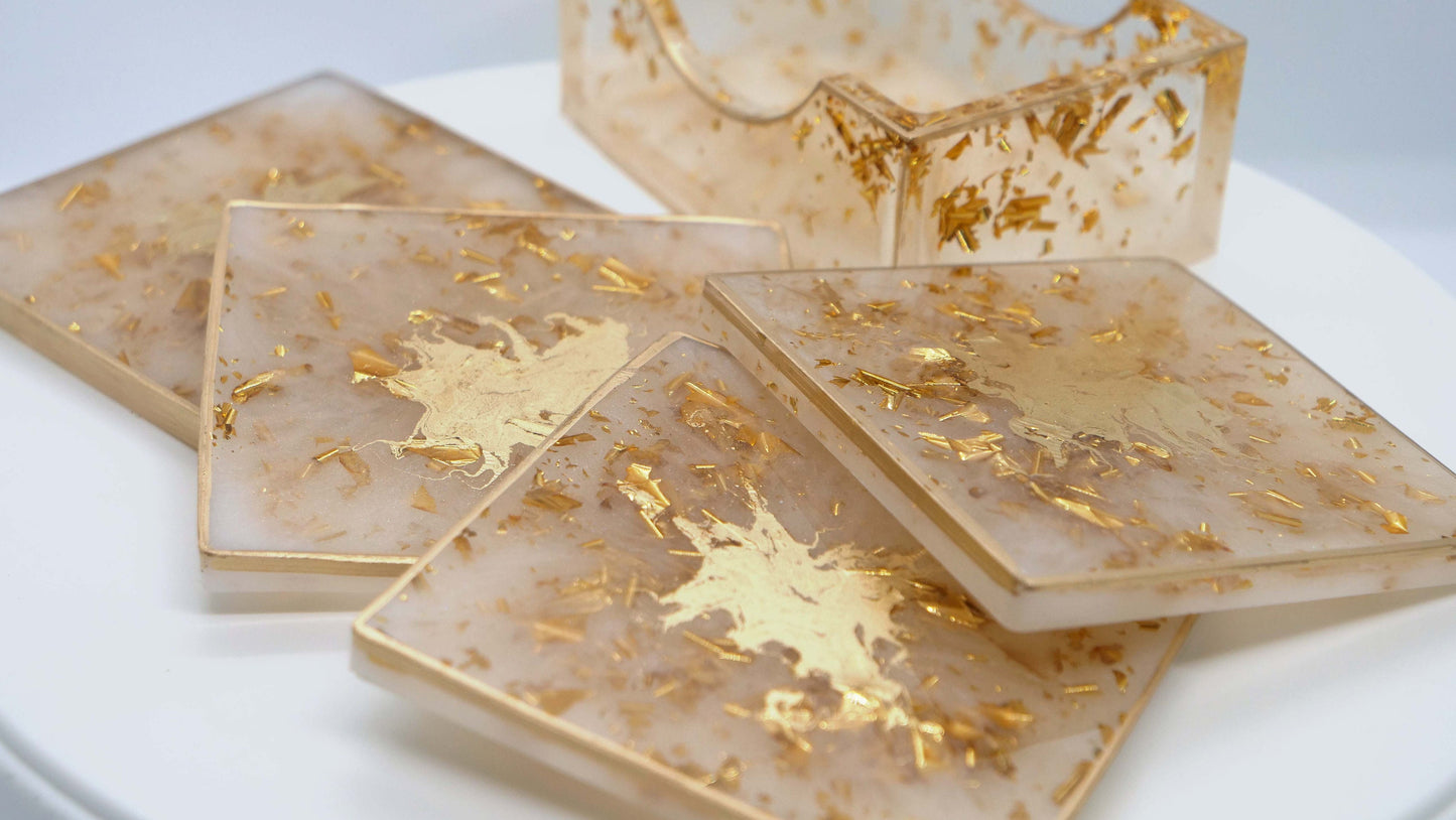 Transparent & Gold Leaf Square Coaster Set (4)