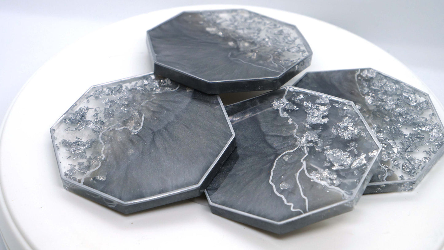Hexagon Resin Coaster Set (4) with Silver Leaf
