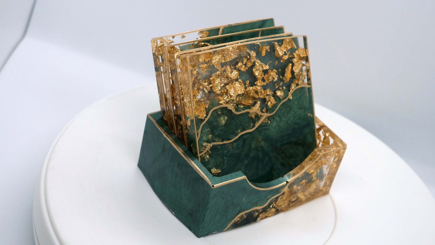 Transparent & Green Leaf Square Coaster Set (4)