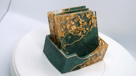 Transparent & Green Leaf Square Coaster Set (4)