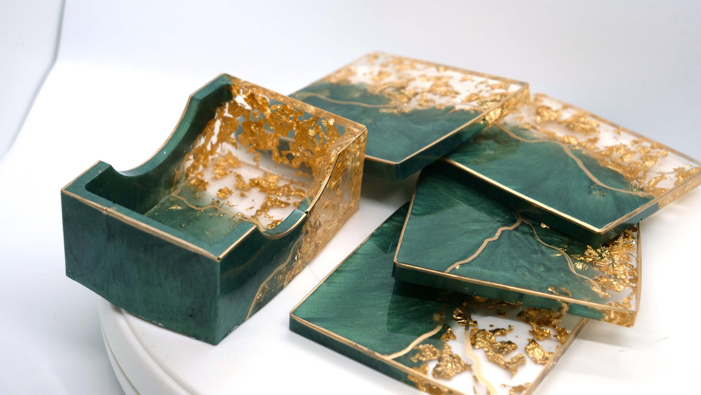 Transparent & Green Leaf Square Coaster Set (4)