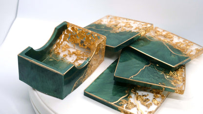 Transparent & Green Leaf Square Coaster Set (4)