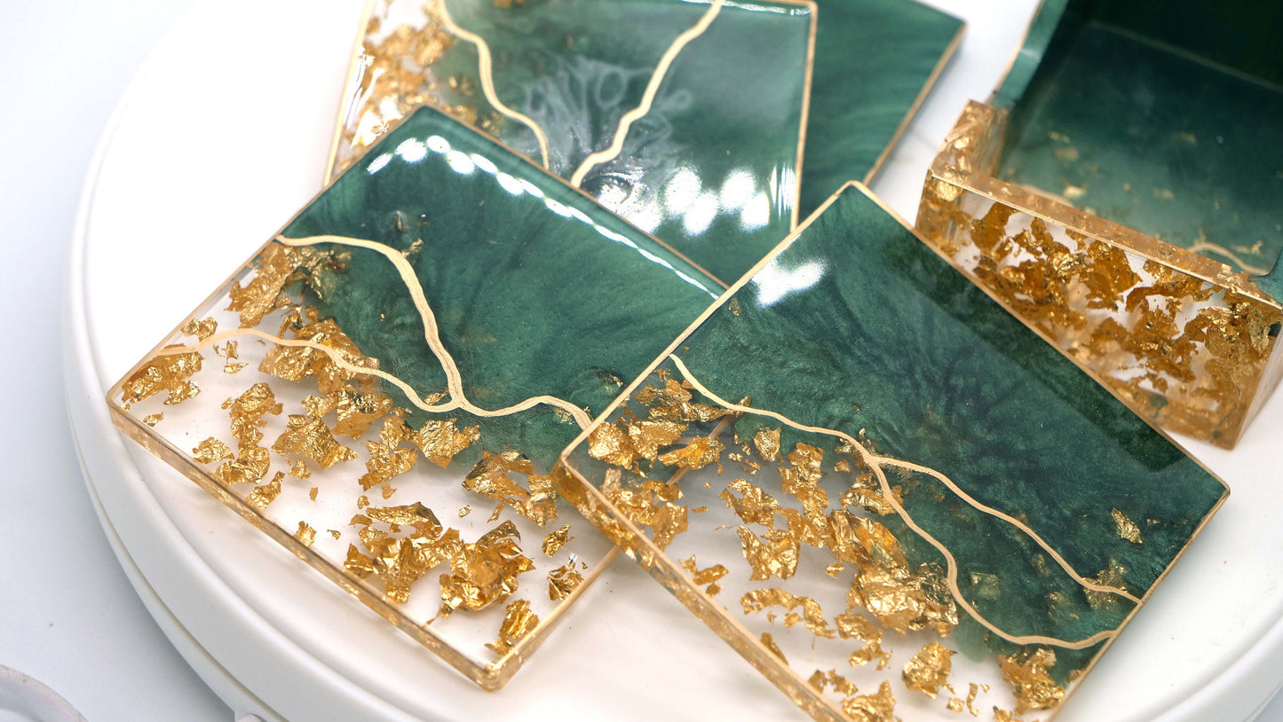 Transparent & Green Leaf Square Coaster Set (4)