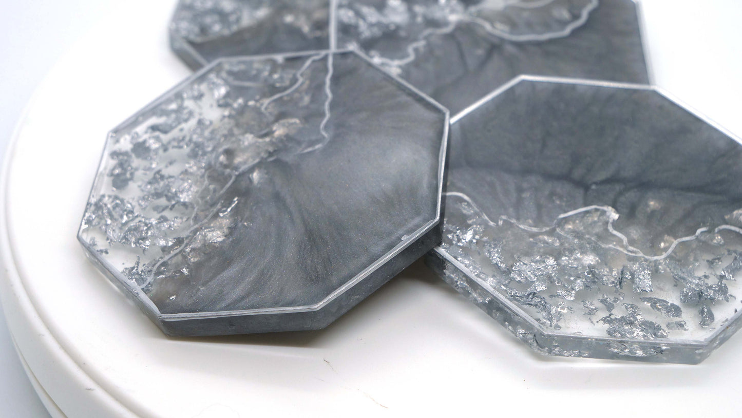 Hexagon Resin Coaster Set (4) with Silver Leaf