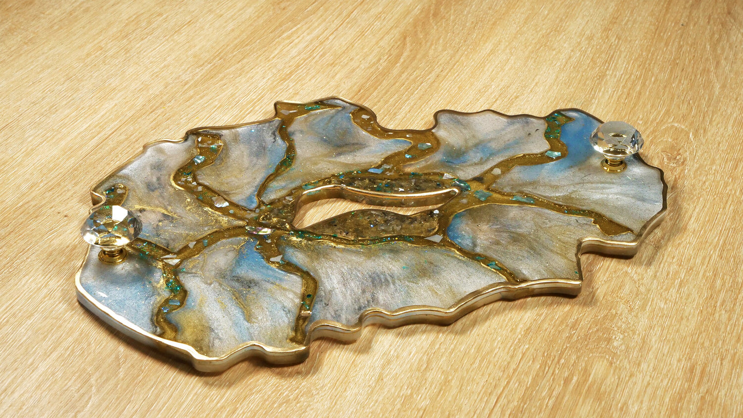 Plateau Géode Scintillant en Turquoise et Or