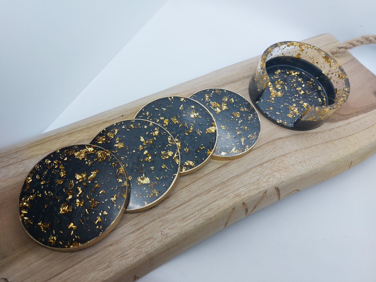 Black & Gold Leaf Resin Coaster Set (4)