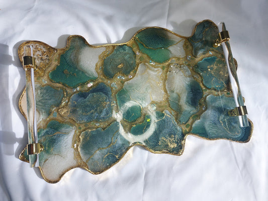Emerald Geode Resin Serving Tray with Gold Handles