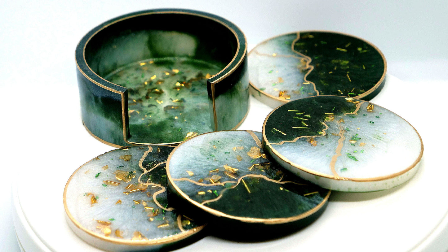White & Green Geode Resin Coaster Set (4)