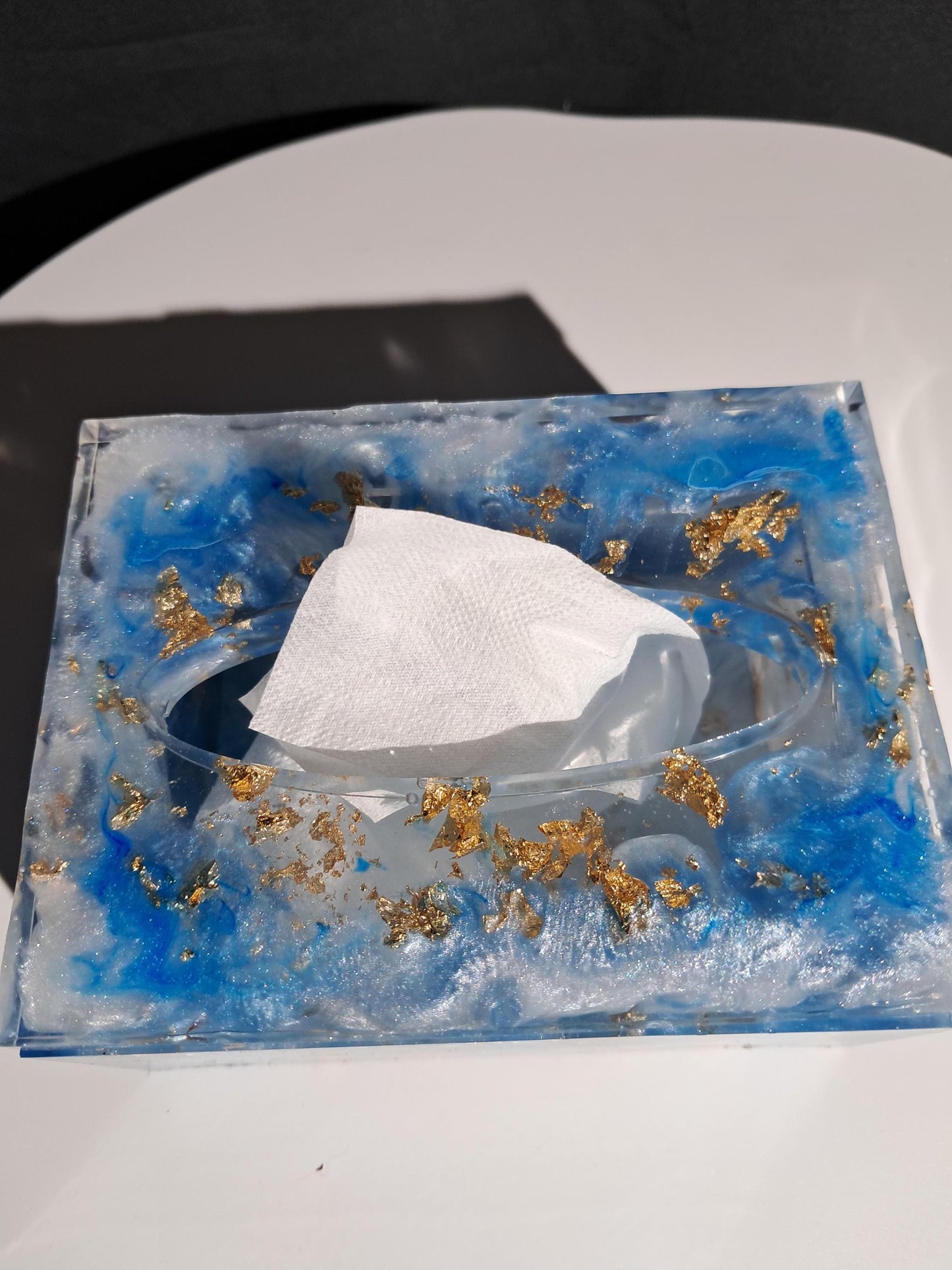 Housse de boîte à mouchoirs en résine bleue et feuille d'or