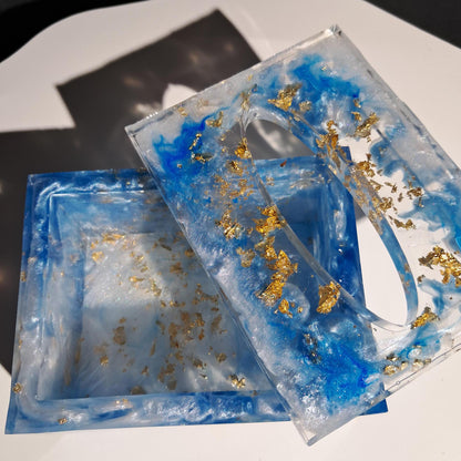 Housse de boîte à mouchoirs en résine bleue et feuille d'or