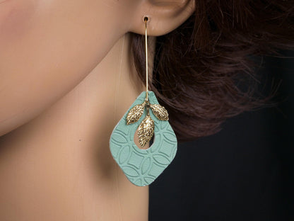 Sage Leather Leaf Dangle Earrings