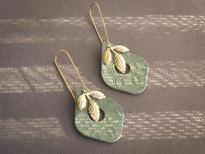 Sage Leather Leaf Dangle Earrings